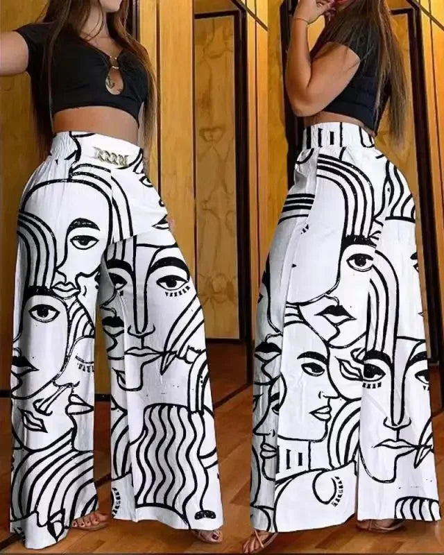 Women's High Waist Wide Leg Pants - blac and white print