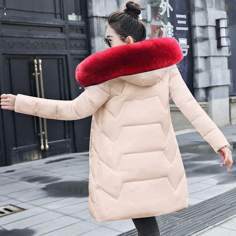 Fur Coat Jacket - cream with red fur hood