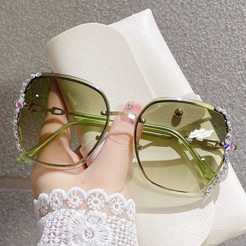 Rhinestone Decor Rimless Fashion Sunglasses UV400