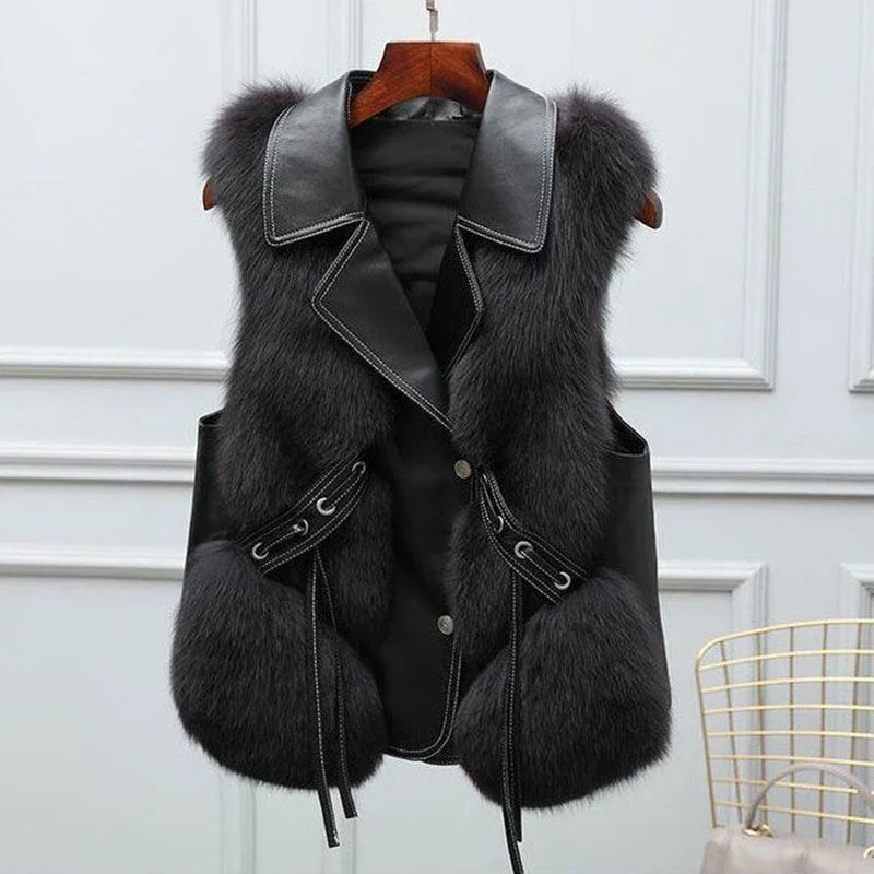 Fur Coat Vest Jacket - Black