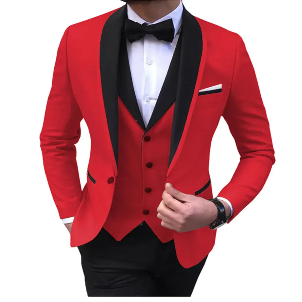 White Men's Suits Men 3 Piece - bright red