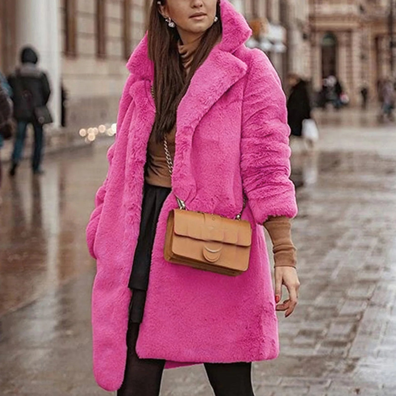 Faux Leather Sheepskin Coat - hot pink front/ side view