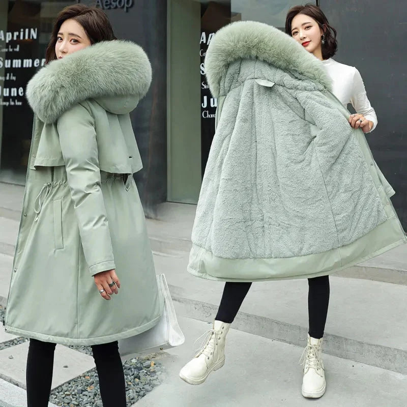 Winter Jacket Parka Wool Liner Fur Collar - grey/green