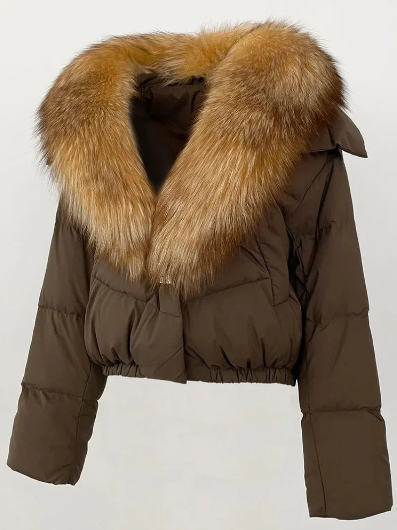 Real Fox Fur Coat - Women's Winter Coat - dark brown with beige