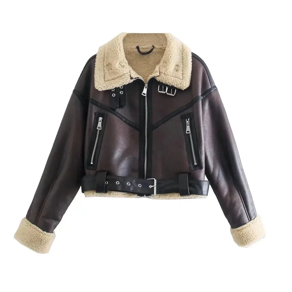 streetwear faux lamb leather jacket - brown and white