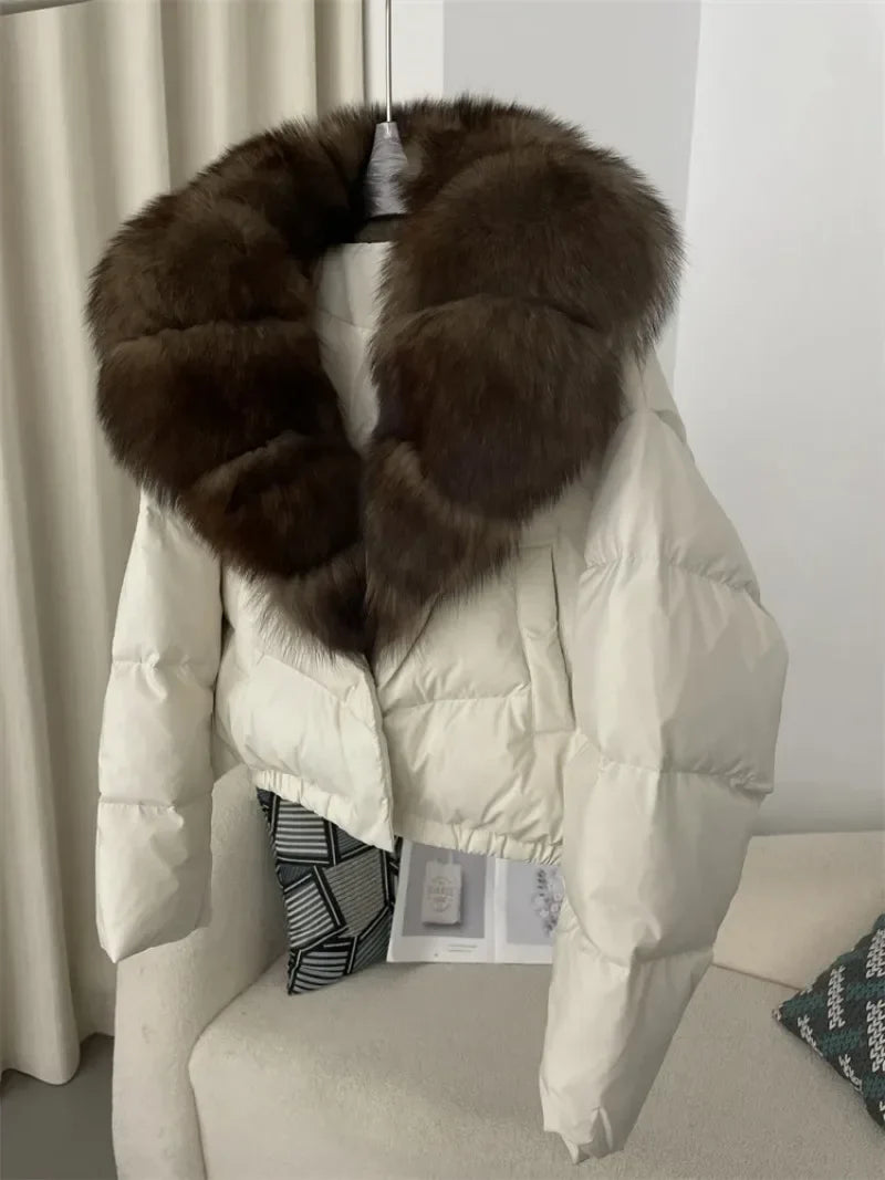 Real Fox Fur Coat - Women's Winter Coat - white with dark brown