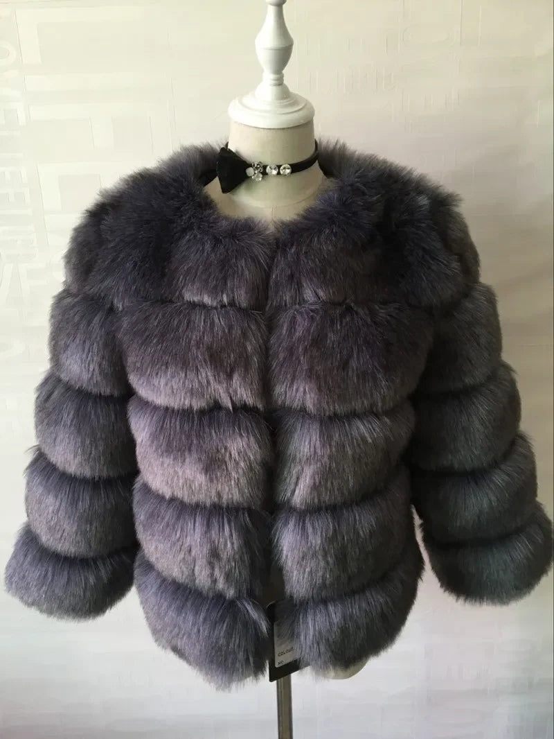 Faux Fox Fur European Style Leather Coat - dark purple