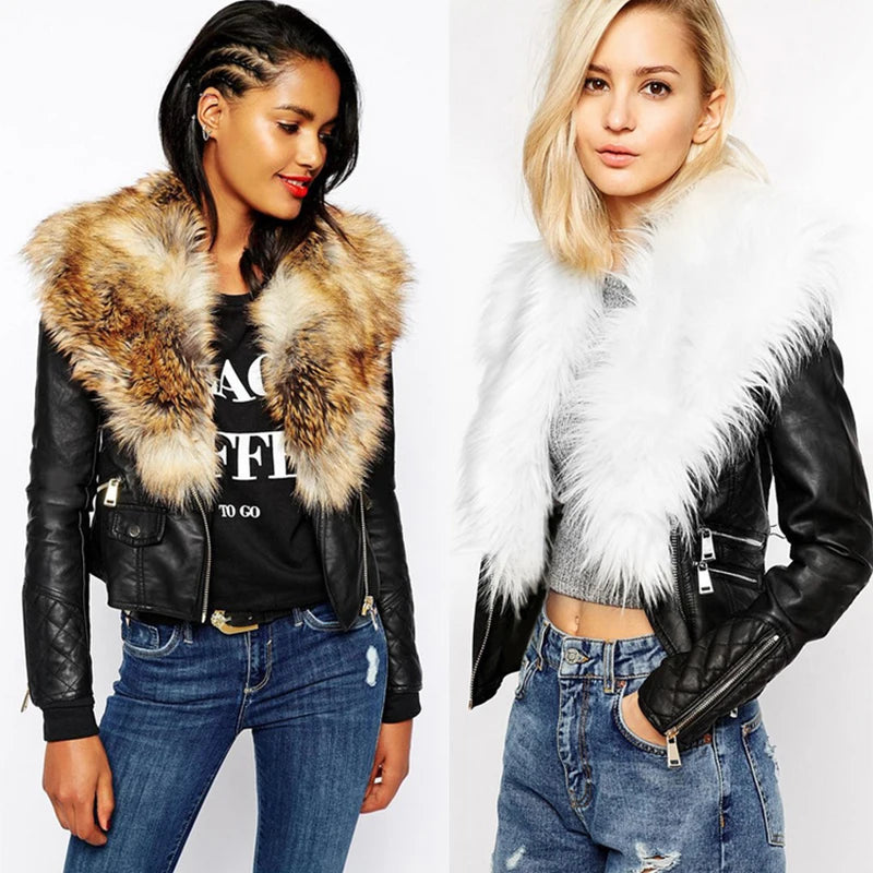 Leather Winter Jacket Women Artificial Fur Collar Coat