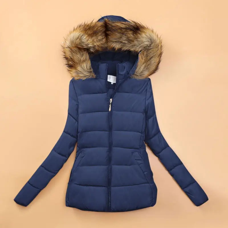 Fake Fur Hooded Short Cotton Parka - dark blue with brown