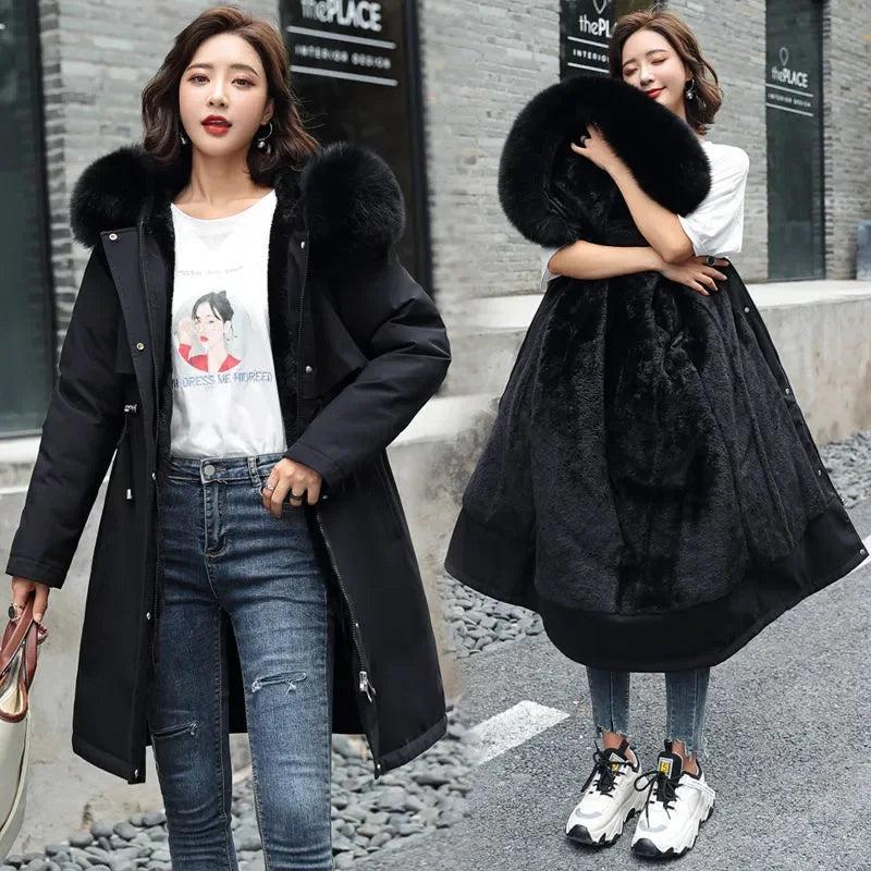 Winter Jacket Parka Wool Liner Fur Collar - black