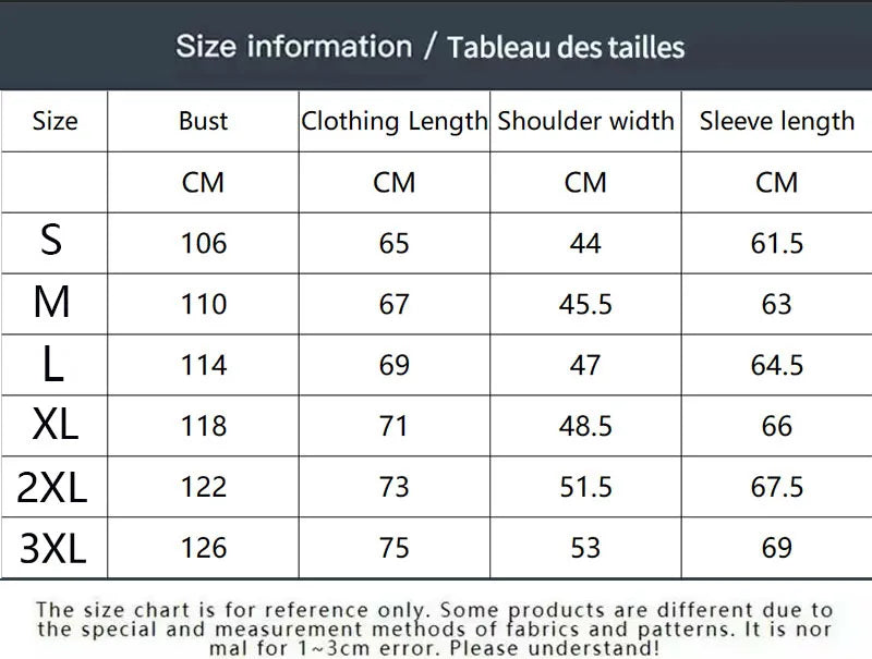 Winter Jacket - puffed style - Thick winter jacket - Sizing chart