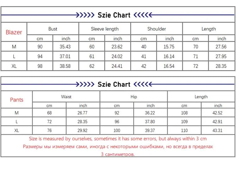 Luxury Striped 2 piece suit set - Size chart