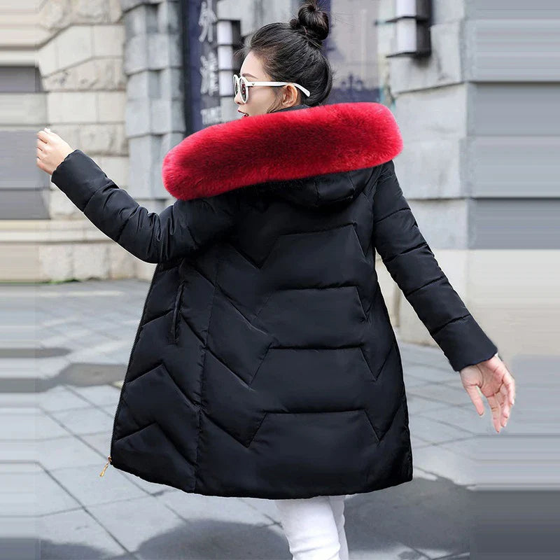 Fur Coat Jacket - black with red fur hood 