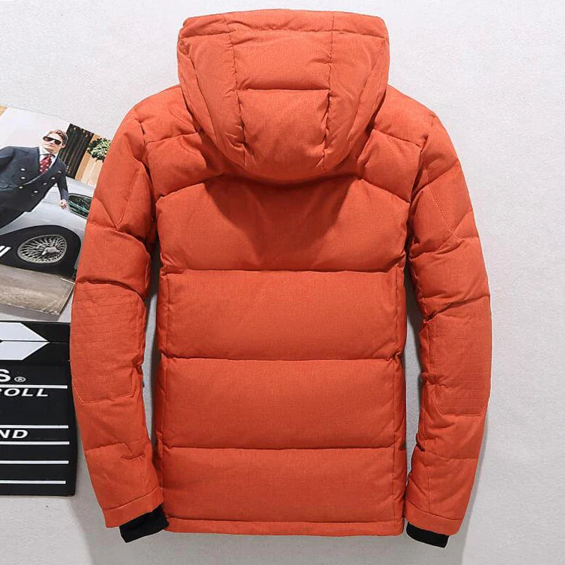 - 20 durable men's winter parka - orange - back view