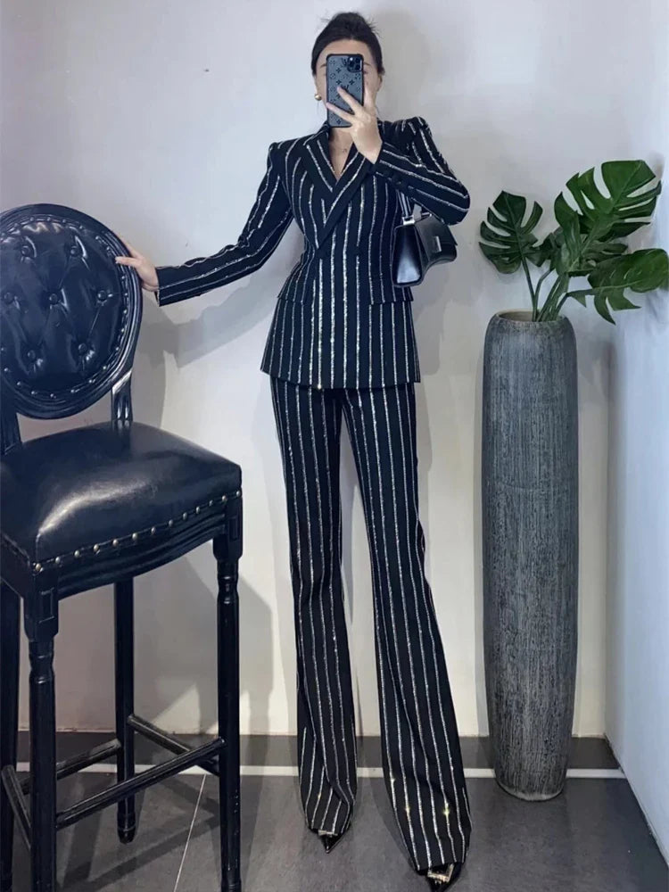 Luxury Striped 2 piece suit set - front pose