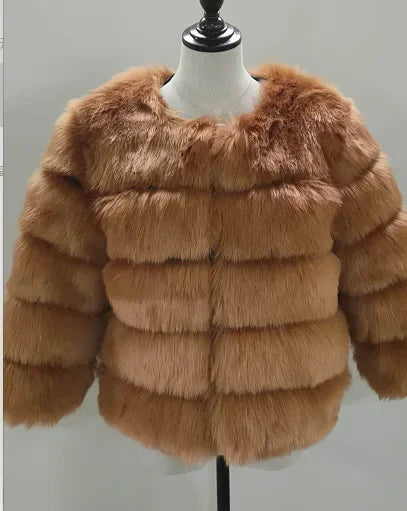 Faux Fox Fur European Style Leather Coat - tan/brown