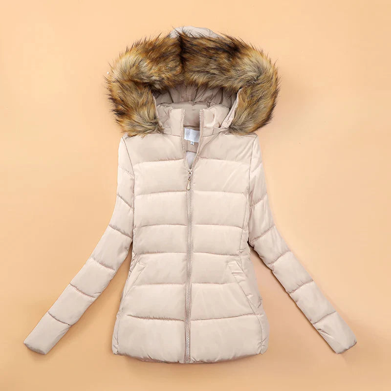 Fake Fur Hooded Short Cotton Parka - white with brown