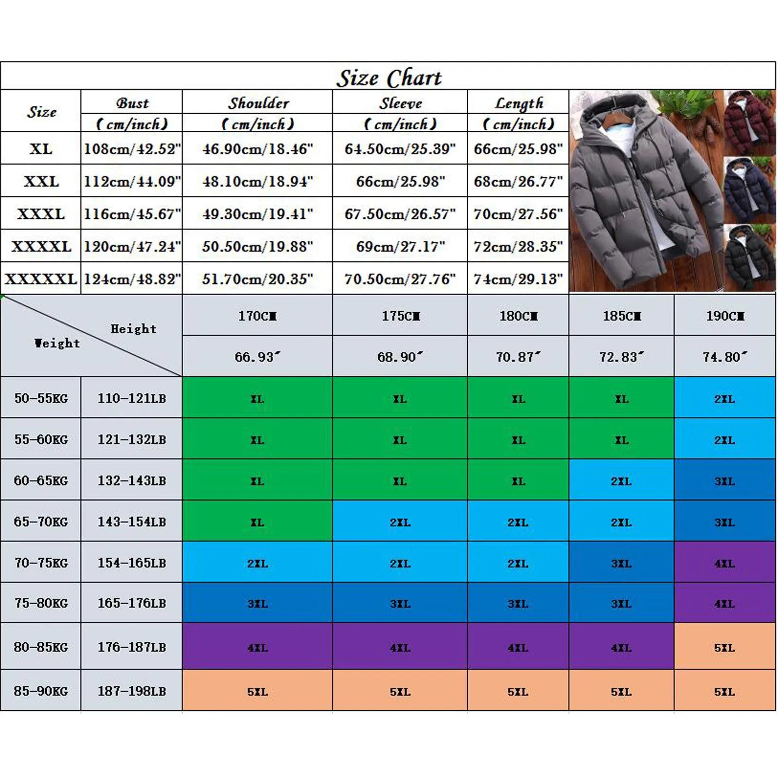 Men Winter Overcoat - Size chart