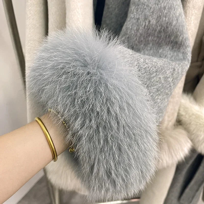 High End Double-sided Real Wool Fur Coat - Removable Cuffs - silver/grey (close up on cuff)