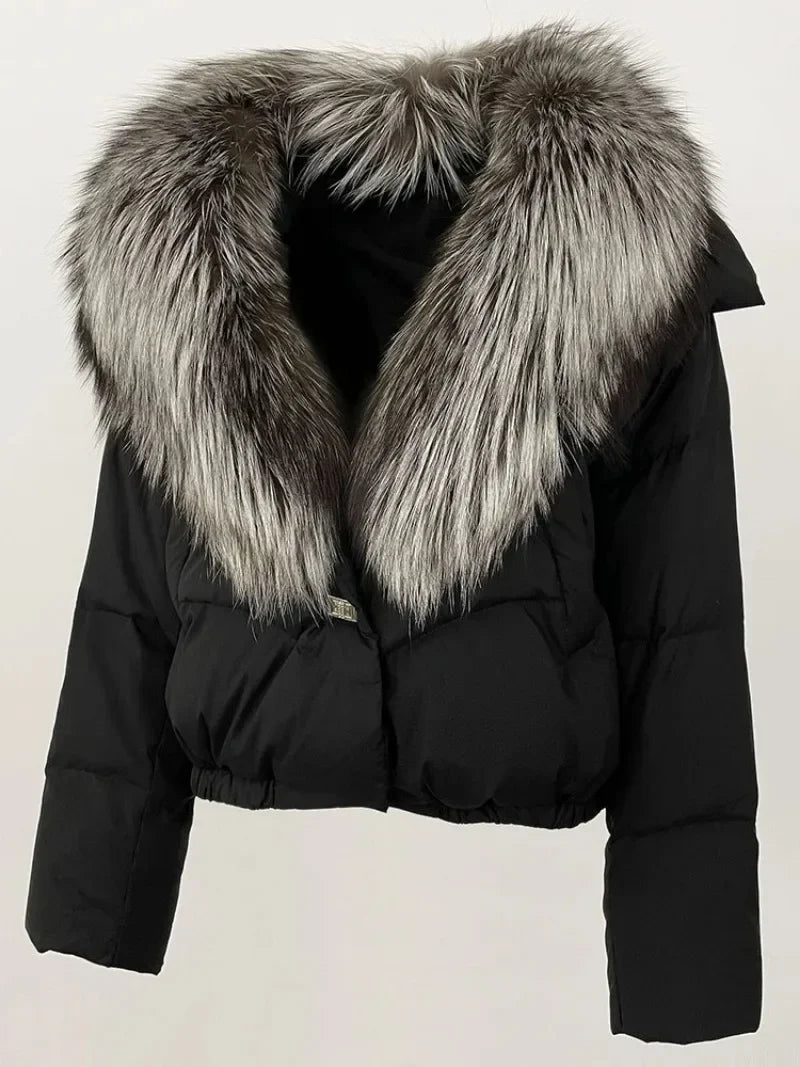 Real Fox Fur Coat - Women's Winter Coat - black with grey