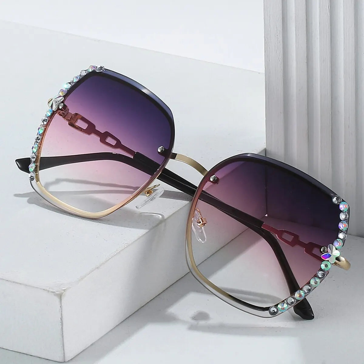 Rhinestone Decor Rimless Fashion Sunglasses UV400