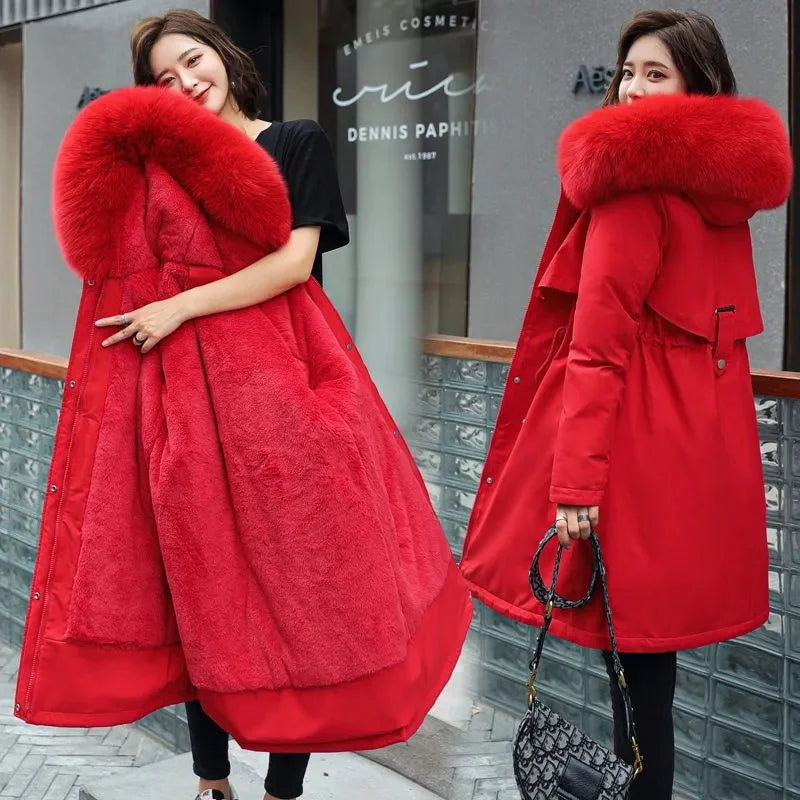 Winter Jacket Parka Wool Liner Fur Collar - red