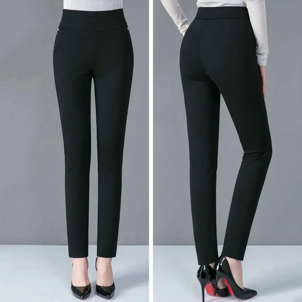 Women Pencil Pants Casual High Waist - black - front and back pose