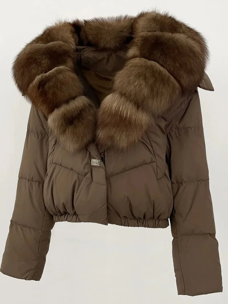 Real Fox Fur Coat - Women's Winter Coat - dark brown with brown