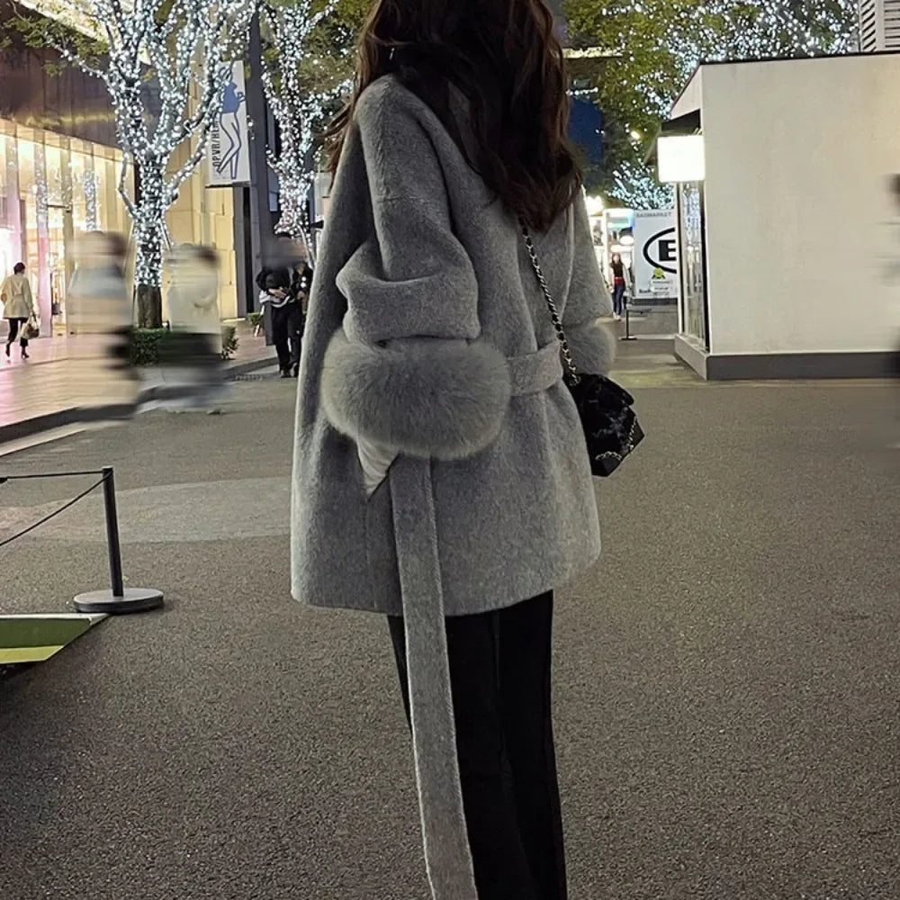 High End Double-sided Real Wool Fur Coat - Removable Cuffs - loght grey (side view distanced)