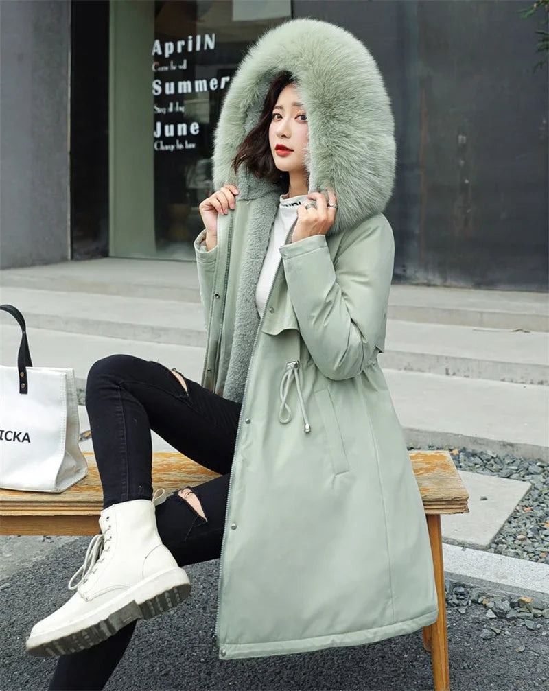 Winter Jacket Parka Wool Liner Fur Collar - grey/green