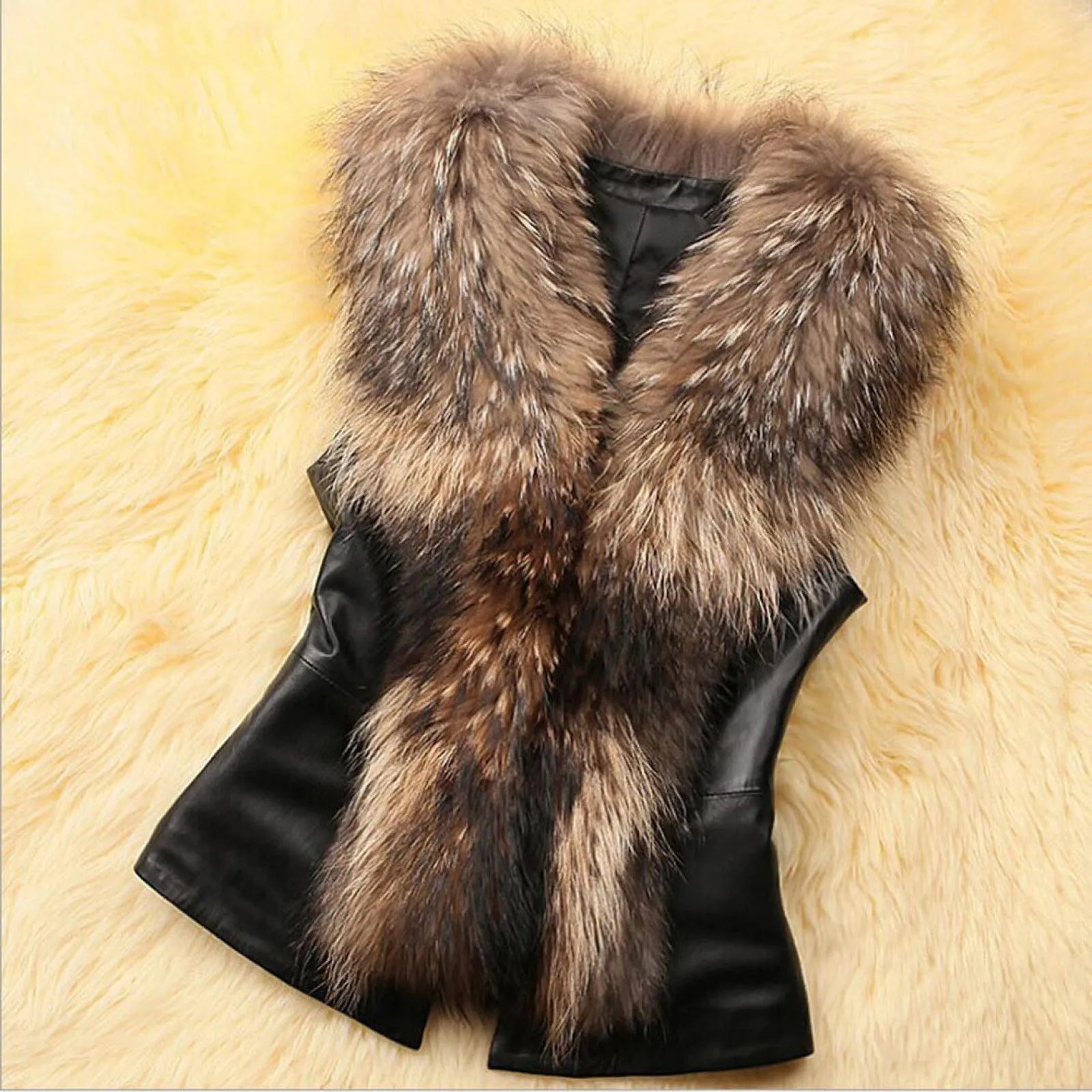 Fur Sleeveless Waistcoat - black lesther and brown fur 