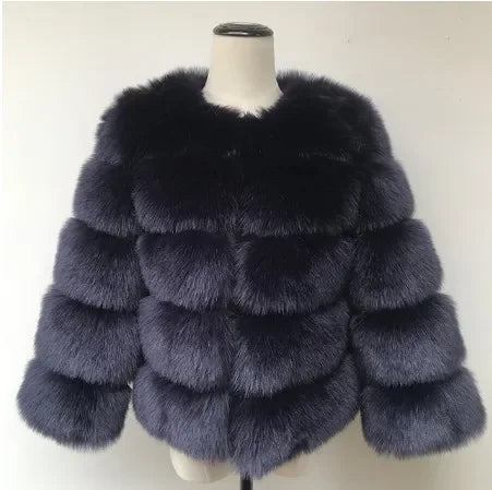 Faux Fox Fur European Style Leather Coat - black