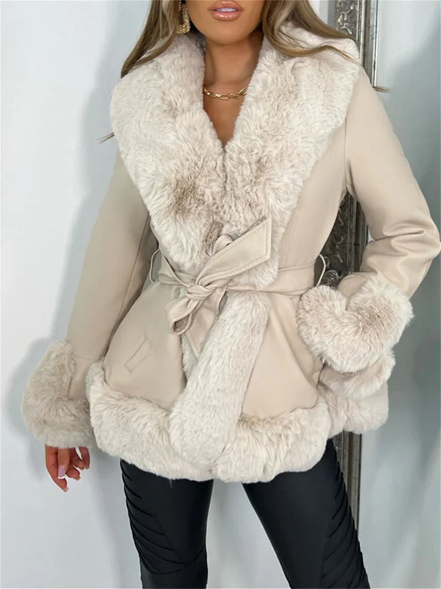 Furry Trim Patchwork Leather Jacket - creamy white