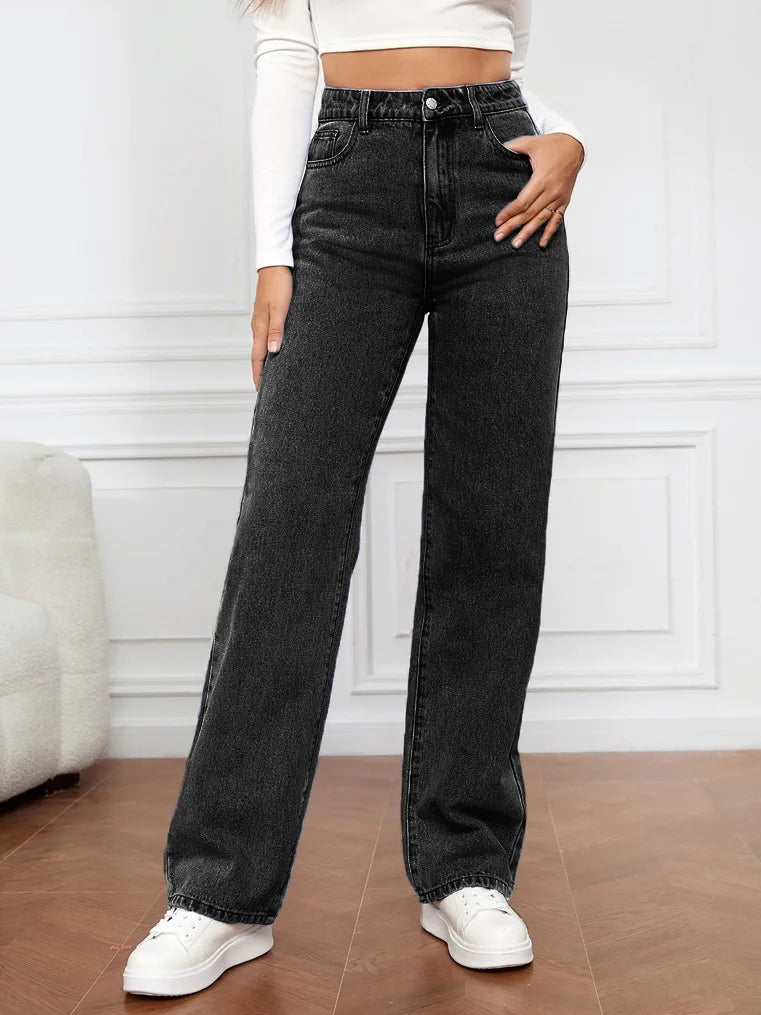 Women Jeans Straight Pants - Black 