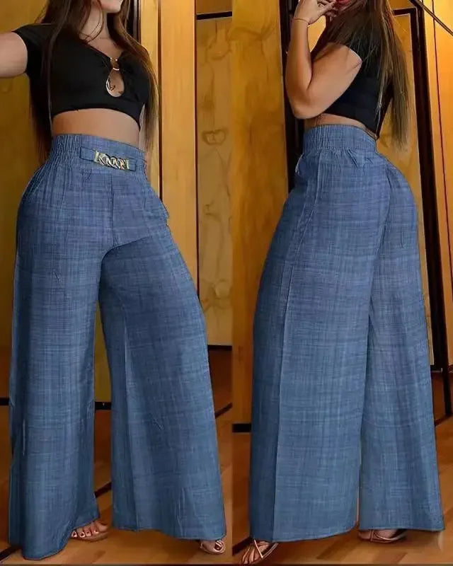 Women's High Waist Wide Leg Pants - Blue/green