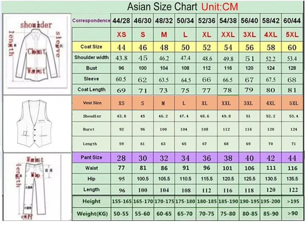 White Men's Suits Men 3 Piece  - size chart