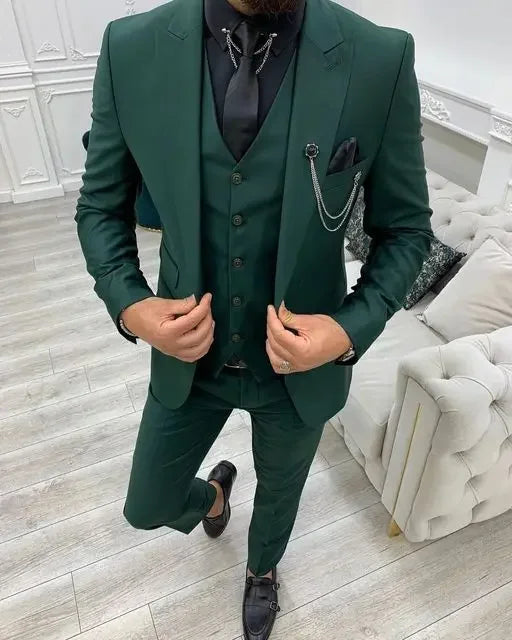 Green Peak Lapel Slim Fit Men Suits 3 Pieces - dark green