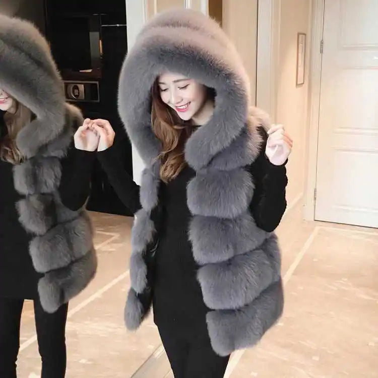 Quality Fur Vest Coat - dark grey - hood up