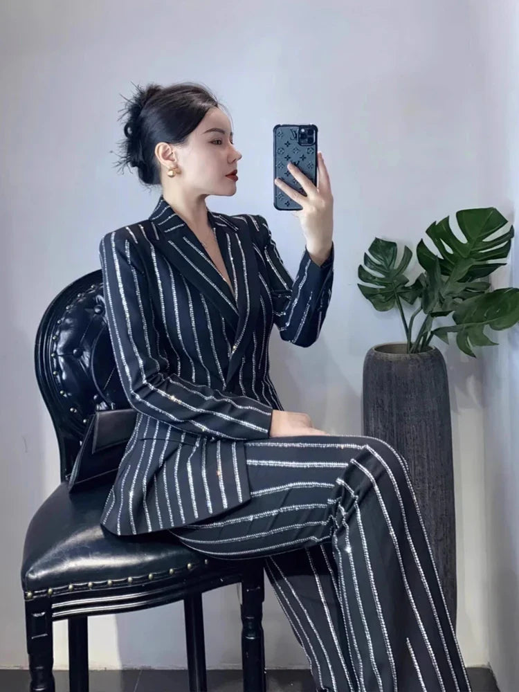 Luxury Striped 2 piece suit set - side pose