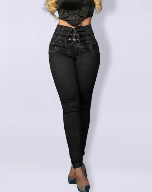 Casual High Waist Skinny Jeans - black front pose