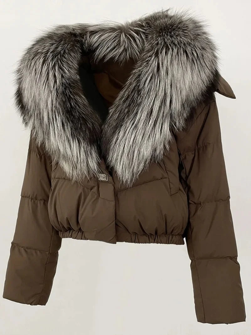 Real Fox Fur Coat - Women's Winter Coat - dark brown with grey