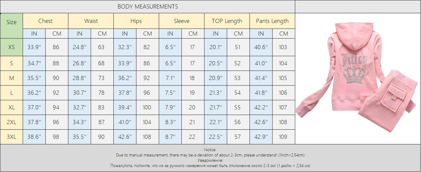 Velvet Tracksuit - size chart