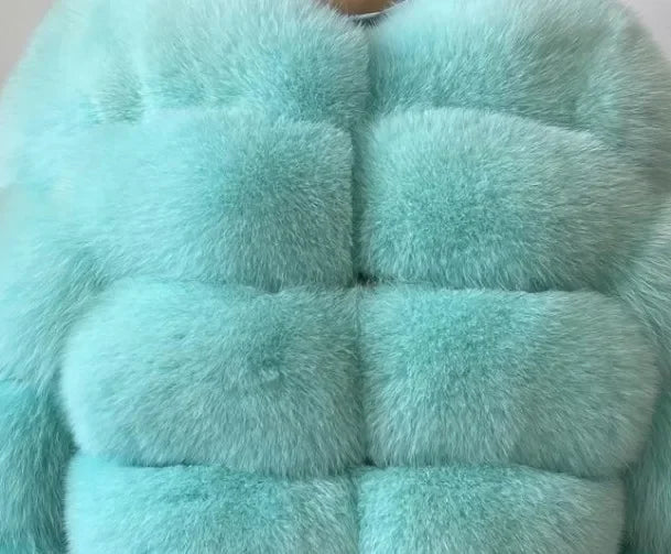 Faux Fox Fur European Style Leather Coat - blue/green