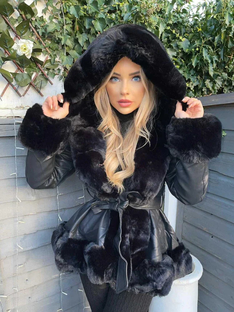 Faux Fur Hooded Coat - black (front view)