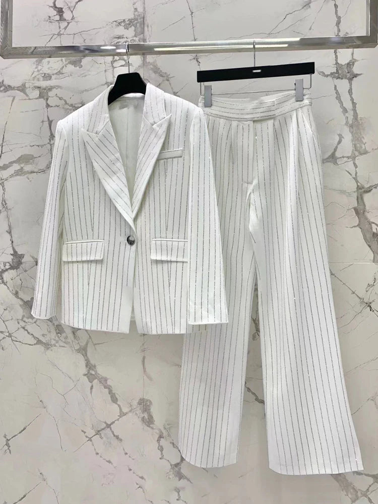 Luxury Striped 2 piece suit set - white