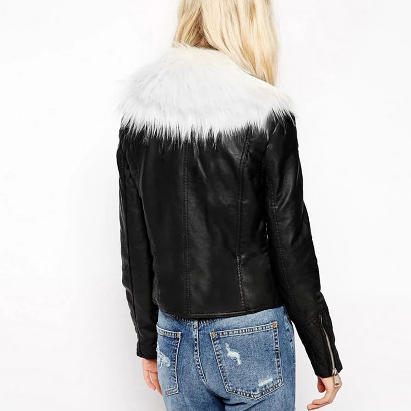 Leather Winter Jacket Women Artificial Fur Collar Coat