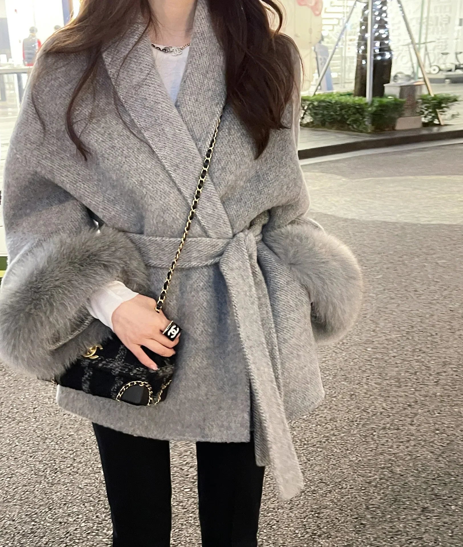 High End Double-sided Real Wool Fur Coat - Removable Cuffs - light grey