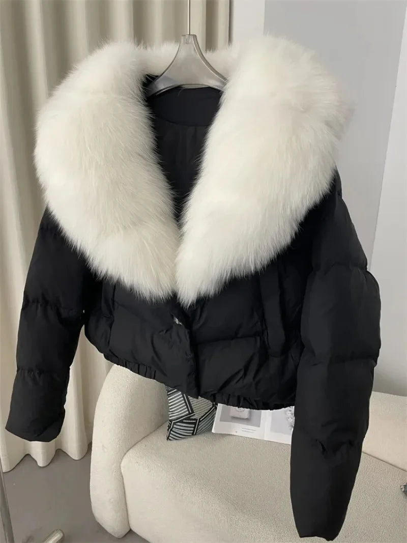 Real Fox Fur Coat - Women's Winter Coat - black and white