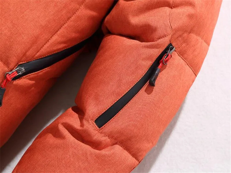 - 20 durable men's winter parka - orange (close up view)