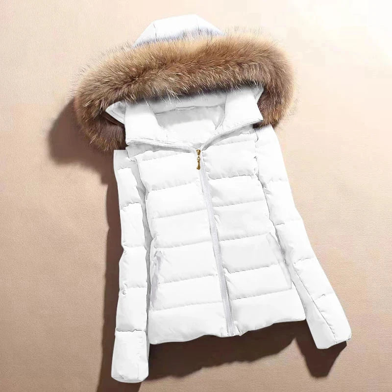 Fake Fur Hooded Short Cotton Parka - white with brown